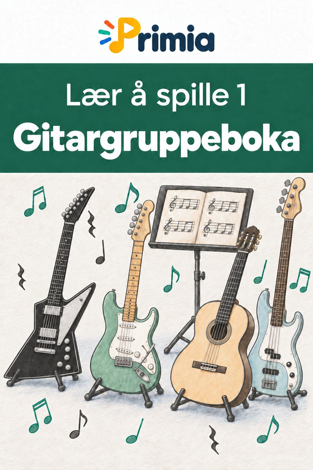 Omslaget til Gitargruppeboka med gitarer og bass