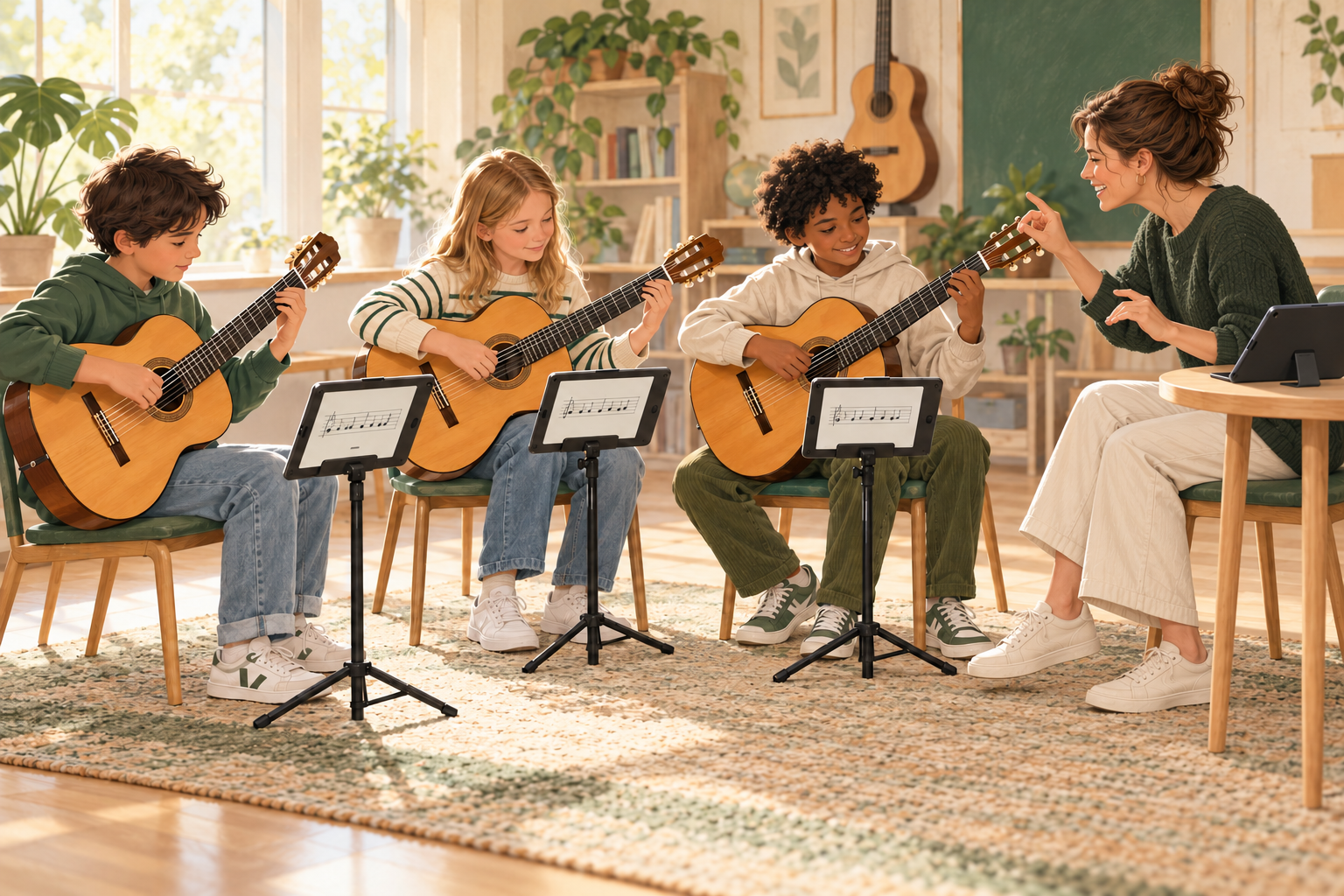 Tre gitarelever sitter med hver sin gitar og iPad med noter, mens læreren vender seg mot dem og engasjert leder samspillet.